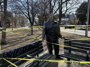 The statue of King of Kensington Al Waxman was hit with anti-Semitic graffiti this weekend and as of Sunday was still not cleaned up -- Kevin Vuong photo