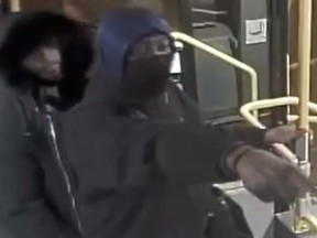 Two suspects are being sought for an alleged assault and robbery attempt aboard a TTC bus on Wednesday, Jan. 31, 2024.