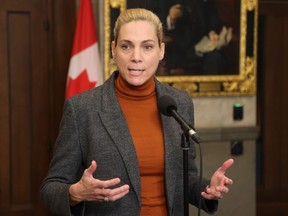 Canadian Heritage Minister Pascale St-Onge speaks to reporters on Parliament Hill after Bell Media announces job cuts, in Ottawa on Thursday, Feb. 8, 2024.
