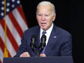 U.S. President Joe Biden speaks during the annual House Democrats 2024 Issues Conference on Feb. 8, 2024 in Leesburg, Va.