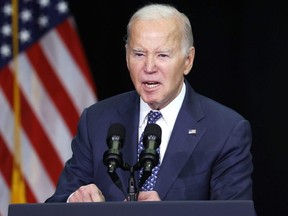 U.S. President Joe Biden speaks during the annual House Democrats 2024 Issues Conference on Feb. 8, 2024 in Leesburg, Va.
