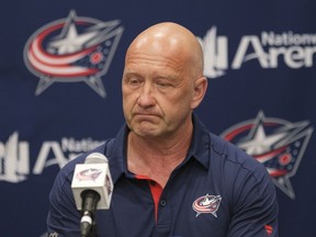 FILE - Columbus Blue Jackets general manager Jarmo Kekalainen appears during a news conference about the death of goaltender Matiss Kivlenieks, Wednesday, July 7, 2021, in Columbus, Ohio. The Columbus Blue Jackets have fired general manager Jarmo Kekalainen. President of hockey operations John Davidson made the move Thursday, Feb. 15, 2024, midway through Kekalainen's 11th full season on the job.