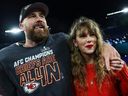 Travis Kelce of the Kansas City Chiefs (left) celebrates with Taylor Swift after defeating the Baltimore Ravens in the AFC Championship Game on Jan. 28, 2024 in Baltimore.