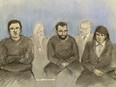 From left, court artist sketch by Elizabeth Cook of Brogan Stewart, Christopher Ringrose and Marco Pitzettu appearing via video link at Westminster Magistrates' Court, London, Tuesday, Feb. 27, 2024. Three men were charged Tuesday in a London court with preparing to commit a terrorist act that included allegations they manufactured a semi-automatic pistol and identified an Islamic center as a possible target, authorities said. The trio was arrested Feb. 21 ago during an investigation into extreme right-wing activity, Counter Terrorism Policing North East said.