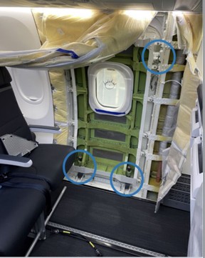 NTSB photo shows door plug on 737 Max 9 used on Alaska Airlines Flight 1282 missing bolts at Boeing factory