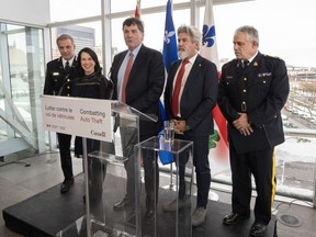 Federal Public Safety Minister Dominic LeBlanc, centre, is flanked by Montreal Chief of Police Fady Dagher left, Mayor Valerie Plante, federal Transport Minister Pablo Rodriguez and RCMP Commissioner Mike Duheme, right, as they announce their plans to combat auto theft Wednesday, February 21, 2024 in Montreal.THE CANADIAN PRESS/Ryan Remiorz