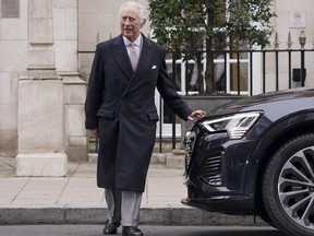 King Charles leaves The London Clinic in central London, Monday, Jan. 29, 2024.