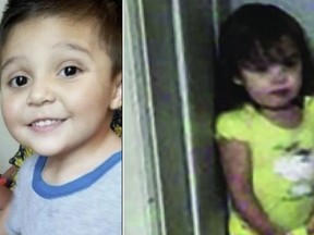 This combo of images provided by the Pueblo, Colo. Police Department, shows two children police in Pueblo, Colo., are searching for. A child's body was found encased in concrete in a Colorado storage unit, and officers in Pueblo announced this week they are searching for these two other children as part of the homicide investigation to determine if they are safe. (Pueblo Police Department via AP)