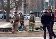 Toronto Fire crews put out the flames after an explosion at a homeless encampment in Clarence Square Park near Spadina Ave. and Front St. on Thursday, Feb. 29, 2024.