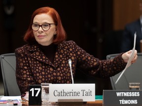 CBC president and chief executive Catherine Tait waits to appear before the Heritage committee in Ottawa on Tuesday, Jan. 30, 2024. Tait says it's the public broadcaster's financial model and governance that need reviewing, not its mandate.
