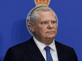 Ontario Premier Doug attends a press conference at the York Regional Police Headquarters in Aurora, Ont., Wednesday, Jan. 31, 2024.