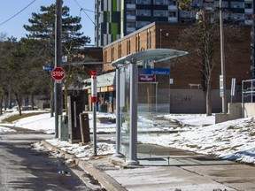 A bus stop along Driftwood Ave., near Jane St. on Monday February 19, 2024. The area has seen two recent shootings - one fatal. Police have increased their presence in the area. Ernest Doroszuk/Toronto Sun/Postmedia