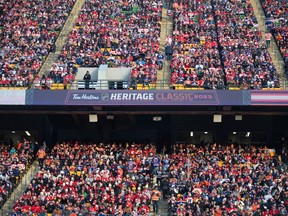 Fans fill the stadium for the Calgary Flames and Edmonton Oilers NHL Heritage Classic game in Edmonton on Sunday Oct. 29, 2023.