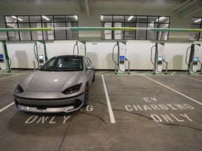 Charging bays are seen at the new Electrify America