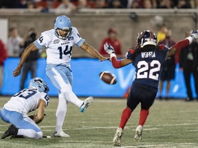 Toronto Argonauts kicker Boris Bede's time with the Toronto Argonauts appears to be over.&ampnbsp;Bede (14) kicks the game winning field goal against the Montreal Alouettes during second half CFL football action in Montreal, Friday, Sept.15, 2023.