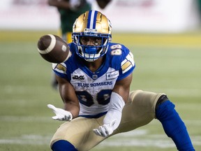 Winnipeg Blue Bombers' Bailey (88) makes a catch against the Edmonton Elks during second half CFL action in Edmonton, Alta., on Thursday August 10, 2023.