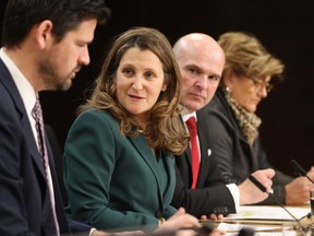 Minister of Housing, Infrastructure and Communities Sean Fraser, left to right, Deputy Prime Minister and Finance Minister Chrystia Freeland, Employment Workforce Development and Official Languages Minister Randy Boissonnault, and Minister of Rural Economic Development and Minister responsible for the Atlantic Canada Opportunities Agency Gudie Hutchings take part in a news conference in Ottawa on Tuesday, Feb. 13, 2024.