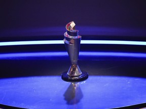 The UEFA Nations League soccer tournament trophy is pictured prior to the UEFA Nations League draw, in Paris, France, Thursday, Feb. 8, 2024.
