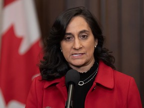 Treasury Board President Anita Anand speaks with reporters before Question Period, in Ottawa, Monday, Feb. 26, 2024.