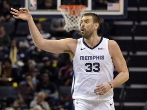FILE - Memphis Grizzlies center Marc Gasol (33) plays in the second half of an NBA basketball game against the Charlotte Hornets Wednesday, Jan. 23, 2019, in Memphis, Tenn. The Memphis Grizzlies plan to retire Marc Gasol's No. 33 jersey during their April 6 game against the Philadelphia 76ers.