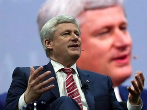 Former Prime Minister of Canada Stephen Harper speaks at the 2017 American Israel Public Affairs Committee (AIPAC) policy conference in Washington, Sunday, March 26, 2017. (AP Photo/Jose Luis Magana)