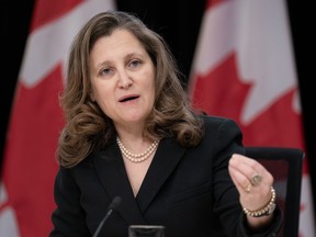 Deputy Prime Minister and Minister of Finance Chrystia Freeland responds to a question during a weekly news conference, Tuesday, February 27, 2024 in Ottawa.