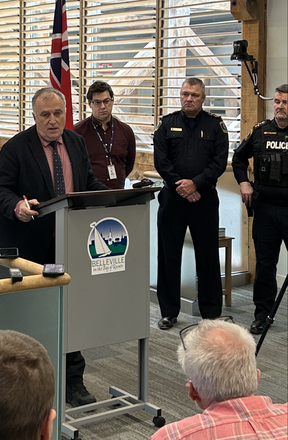 Belleville brass speak to media on Wednesday, Feb. 7, 2024. WARREN KINSELLA/TORONTO SUN