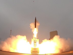 A handout picture released by the Israeli Ministry of Defence on July 28, 2019 shows the launch of the Arrow-3 hypersonic anti-ballistic missile at an undisclosed location in Alaska.