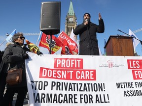 NDP leader Jagmeet Singh speaks at a health-care rally on Parliament Hill in Ottawa on Tuesday, Feb. 13, 2024.