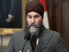 New Democratic Party leader Jagmeet Singh speaks with reporters in the Foyer of the House of Commons before Question Period, Monday, Feb. 5, 2024 in Ottawa.