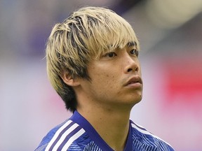 FILE - Japan's Junya Ito is pictured prior the international friendly soccer match between USA and Japan in Duesseldorf, Germany, on Sept. 23, 2022. Winger Ito has been removed from Japan's team at the Asian Cup by the Japanese Football Association in the midst of sexual assault allegations that he has denied, Japan's Kyodo news agency reported Friday, Feb. 2, 2024.