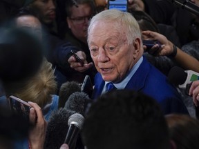 Dallas Cowboys owner Jerry Jones speaks to reporters following an NFL game between the Cowboys and the Green Bay Packers, Sunday, Jan. 14, 2024, in Arlington, Texas.