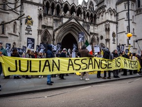 Supporters gather outside the High Court during speeches by friends and family of Julian Assange on Feb. 20, 2024 in London.