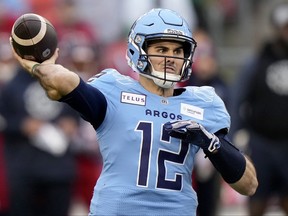 Toronto Argonauts quarterback Chad Kelly makes a pass during the Eastern Division final against the Montreal Alouettes in Toronto, Saturday, Nov. 11, 2023.
