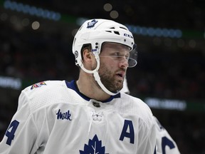 Maple Leafs' Morgan Rielly looks on during the first period against the Washington Capitals, Tuesday, Oct. 24, 2023, in Washington.