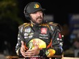 Martin Truex Jr. answers questions during an interview at the NASCAR Daytona 500 auto racing media day at Daytona International Speedway, Wednesday, Feb. 14, 2024, in Daytona Beach, Fla.