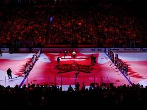 The anthems are played prior to the 3-on-3 Showcase during 2024 NHL All-Star Thursday at Scotiabank Arena on Feb. 1, 2024 in Toronto.