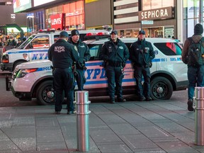 Police patrol in Times Square on Feb. 6, 2024 in New York City.