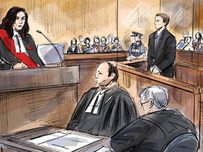 Justice Renee Pomerance, from left to right, Nathaniel Veltman's lawyers Peter Ketcheson and Christopher Hicks and Veltman, standing at rear, are shown in a courtroom sketch during Veltman's sentencing hearing at the courthouse in London, Ont., Thursday, Feb. 22, 2024.