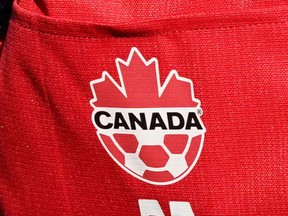 A detail view of Canada branding on the team uniform during a training session ahead of the FIFA Women's World Cup in Melbourne, Australia, Monday, July 17, 2023.