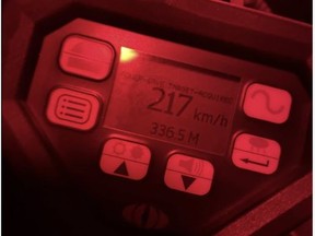 The OPP's Highway Safety Division posted this image to X after an officer allegedly caught a motorist speeding at 217 km/h on the QEW, near Burlington.