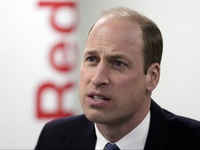 Prince William, Prince of Wales, reacts during a visit to the British Red Cross' headquarters in London on Feb. 20, 2024.