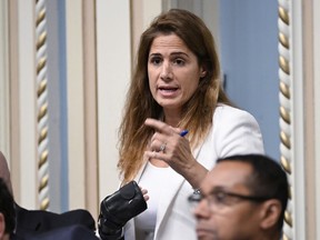 Quebec Minister for Higher Education Pascale Dery responds to the Opposition during question period, Thursday, September 28, 2023 at the legislature in Quebec City.