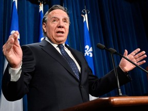 Quebec Premier François Legault speaks at a news conference prior to question period, Thursday February 22, 2024, at the legislature in Quebec City.