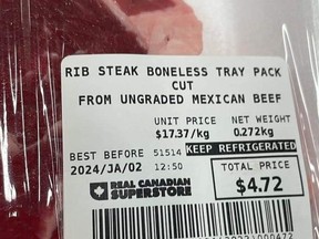 Closeup of label on package of beef that reads "rib steak boneless tray pack cut from ungraded Mexican beef."