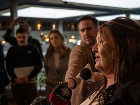 Vanessa Burns, who had been in a domestic partnership with Myles Sanderson for 14 years, speaks to media during an afternoon break at the inquest into the apprehension and death of Sanderson, who killed 11 people and injured 17 others on James Smith Cree Nation and the nearby community of Weldon in September 2022, held at a hotel conference room in Saskatoon, Wednesday, Feb. 28, 2024.