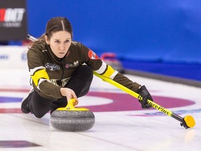 Manitoba’s Kaitlyn Lawes throws against Northern Ontario in Draw 17 of the Scotties Tournament of Hearts at WinSport Arena in Calgary on Thursday, Feb. 22, 2024.