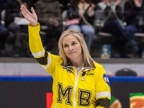 Team Manitoba skip Jennifer Jones waves to the crowd during the opening ceremony of the Scotties Tournament of Hearts final at WinSport Arena in Calgary on Sunday, Feb. 25, 2024.