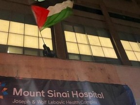 This image taken from an X posting by Conservative MP Melissa Lantsman shows a pro-Hamas protester waving a Palestinian flag at Mount Saini Hospital.