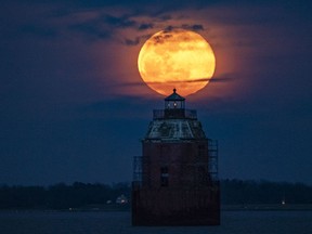 The super snow moon rises above the Sandy Point Shoal Lighthouse in the Chesapeake Bay in 2019.